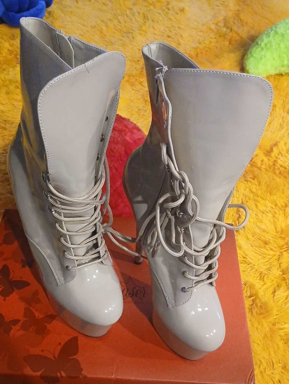 Pleaser Gray Patent Toe Lace-Up Stiletto Ankle Boots